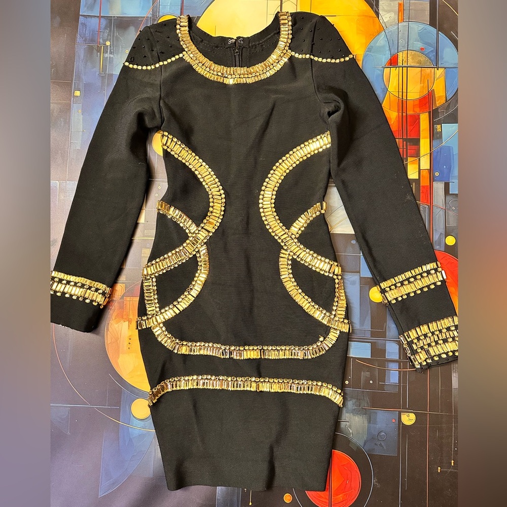 BCBG Max Azria Bandage Dress M Black Gold Crystal Embellished Herve Leger Style
